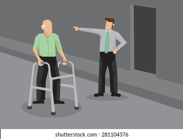 Unsympathetic young Man pointing away at old man with walking aid. Vector illustration for social concept.