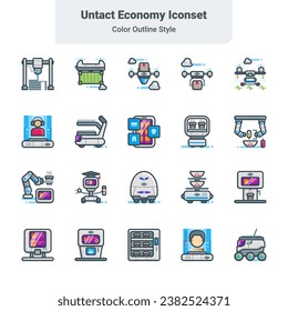 Untact economy iconset with color outline style design. use for economy, untact, drone, robot icon