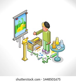 Untalented artist painting a picture of a duck (isometric view, vector illustration)