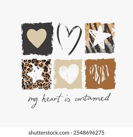 untamed heart calligraphy slogan with heart and star in wild animal stripes frame vector illustration
