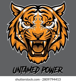 Untamed Power roaring tiger mascot logo vector illustration. Fierce aggressive tiger face with halftone details and open mouth on grey background. Ideal for sports teams, school clubs, and esports gaming branding.
