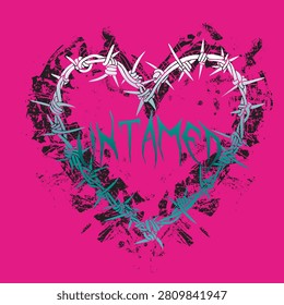 Untamed text in grunge heart shape with barbed wire illustration. Y2K aesthetic streetwear graphic design vector on pink background.