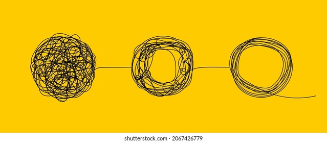 Untangle mind. Psychotherapy concept. Logo of chaos, tangle and change with help of coach. Transformation of brain. Evolution of mind after psychologist. Abstract doodle symbol. Vector.