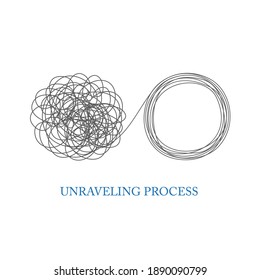 Untangled tangle, unraveling process as difficulty solution metaphor. Vector illustration isolated on white background 