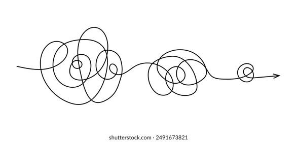 Untangling line with arrow, showcasing a continuous, flowing thread that twists and turns. Symbolizes complexity and movement. Tangled disorder turns into order line. Isolated unraveling line.