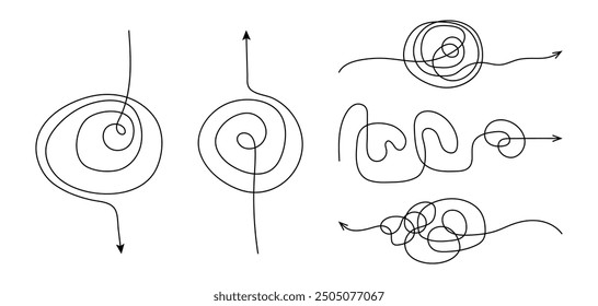 Untangling lines with arrow - continuous flowing thread that twists and turns. Symbolizes complexity and movement. Tangled disorder turns into order line. Isolated unraveling lines. Set tangled arrows