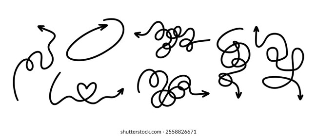 Untangling lines with arrow - continuous flowing thread that twists and turns. Tangled disorder turns into order line. Isolated unraveling lines. Set tangled arrows, simple double oval and heart arrow