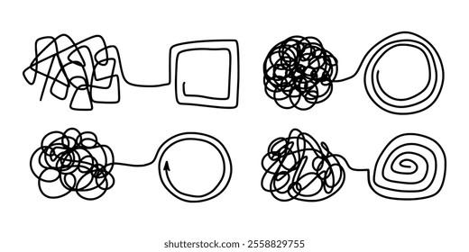 Untangling lines set. Abstract tangled disorder line turns into spiral order line. Unraveling line, single thread. Chaos and order business concept vector illustration isolated on white background. 