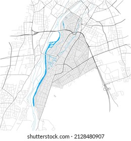 Untergiesing-Harlaching, München, DEUTSCHLAND, high detail vector map with city boundaries and editable paths. White outlines for main roads. Many smaller paths. Blue shapes and lines for water.