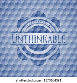 Unthinkable blue emblem with geometric pattern background.