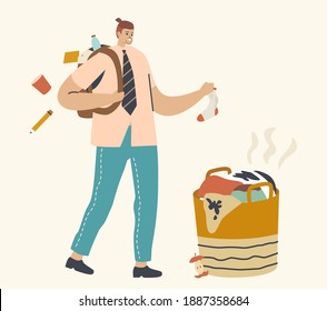 Untidiness Concept. Sloppy Male Character in Hipster Clothes and Hairstyle with Things Fall down of Backpack Put Dirty Sock in Basket with Linen for Washing Garbage beside. Linear Vector Illustration