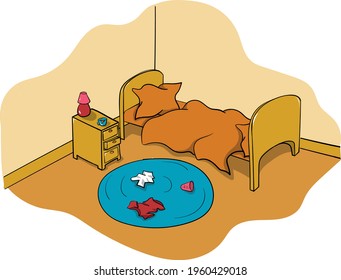 Untidy dirty messy room. Cartoon style vector illustration.