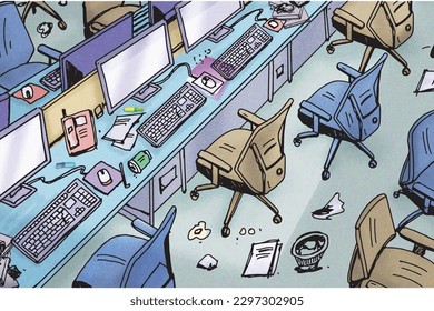 Untidy Office, Messy and cluttered office desk, light effect