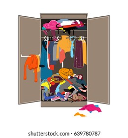 Untidy open woman wardrobe. Closet with messy clothes. Home mess interior. Flat design vector illustration.