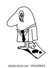 Untidy, sad and bewildered man after being fired. Standing man with loose tie and eye bags. Funny cute character black and white hand drawn cartoon style vector illustration.