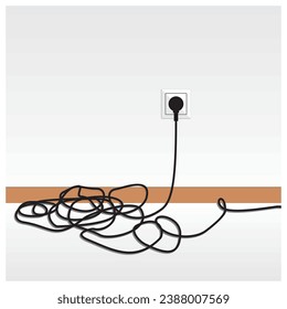 Untidy and scattered electric cable lay on the floor vector illustration. Electrical safety bad practice for lesson learned. Unsafe condition. Poor cable management.