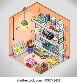 Untidy storeroom with lots of things stuffed in a shelf (isometric view)