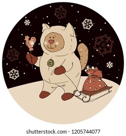 Untitled-1Winter vector illustration with cute cat, Christmas gifts, snowflakes, sledding.