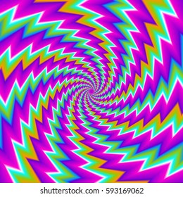 Untwisting of colorful rainbow spirals. Spin illusion.