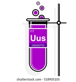 Ununseptio symbol - Ununseptium in Spanish language - on label in a magenta test tube with holder. Element number 117 of the Periodic Table of the Elements - Chemistry 