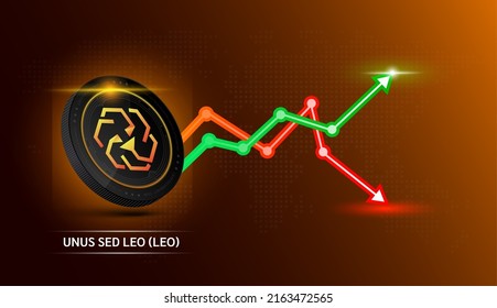 UNUS SED LEO coin black. Cryptocurrency token symbol with stock market investment trading graph green and red. Economic trends business concept. 3D Vector illustration.