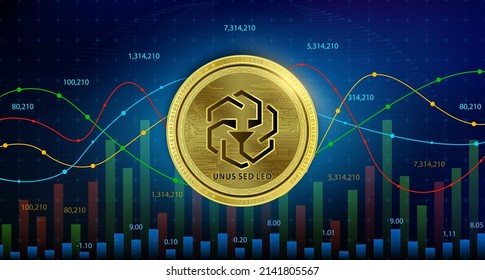 UNUS SED LEO (LEO) coin Cryptocurrency blockchain. Future digital currency replacement technology alternative currency, Silver golden stock chart number up down is background. 3D Vector illustration.