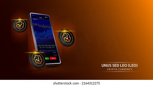 UNUS SED LEO coin and Phone. App for trading crypto currency on the touch screen smartphone. Data analytics stock market. Mobile banking cryptocurrency. Vector 3d. 