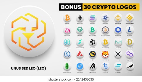 UNUS SED LEO crypto logo symbols of cryptocurrency. Set of Bitcoin, Ethereum, Solana, Binance Coin, Binance USD, litecoin,avalanche, chainlink, maker, dogecoin, USD Coin, Shiba Inu, and Polygon