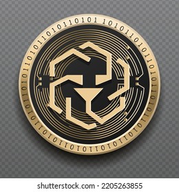 Unus Sed Leo (LEO) cryptocurrency golden coin isolated in transparent background. Virtual currency token symbol vector illustration based on cryptography and block chain technology.