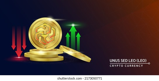 Banner de criptodivisa con token SED LEO de UNUS. Futura moneda en el mercado bursátil de blockchain con flechas rojas-verdes arriba y abajo. Monedas de oro cripto monedas. Cartel de noticias de fondo sólido. Vector 3D.