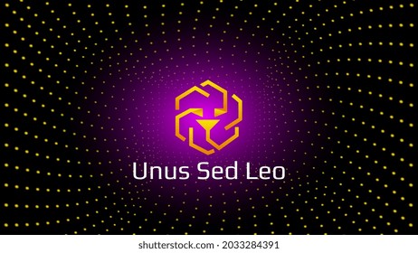 Unus Sed Leo token symbol cryptocurrency in center of spiral of glowing dots on dark background. Cryptocurrency coin logo icon for banner or news. Vector illustration.