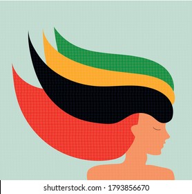 Unusial colorful hairstyle pretty girl model. Longhaired elegant woman's profile. Female silhouette green, yellow, red and black locks. Hair salon flat vector logo concept. 