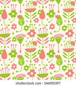 Unusial seamless floral pattern. Decorative doodle background with stylized flowers and leaves