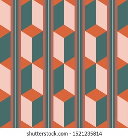 Unusual 3d effect rectangle block and stripe design in teal, orange and pastel pink. Seamless isometric vector pattern with modern retro vibe. Great for web, backgrounds, stationery,decor, packaging