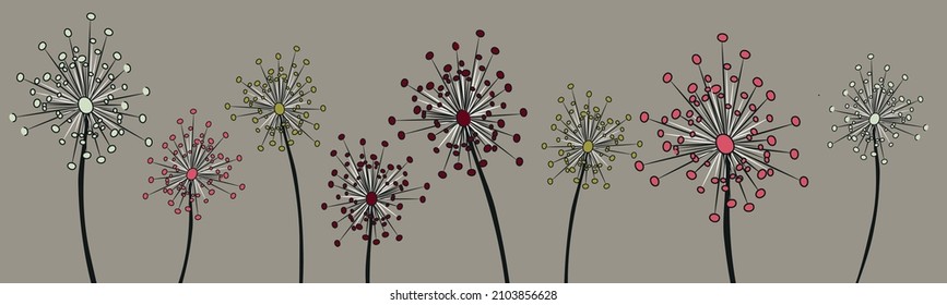 Unusual, abstract dandelions. Vector illustration of flowers. Hand-drawn dandelions.