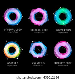 Unusual abstract geometric shapes vector logo set. Circular, polygonal colorful logotypes collection on the black background.