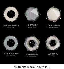 Unusual abstract geometric shapes. Vector logo set. Polygonal colorful logotypes collection on the black background.