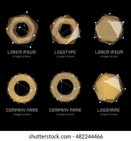 Unusual abstract geometric shapes. Vector logo set. Polygonal colorful logotypes collection on the black background.