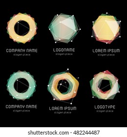 Unusual abstract geometric shapes. Vector logo set. Polygonal colorful logotypes collection on the black background.