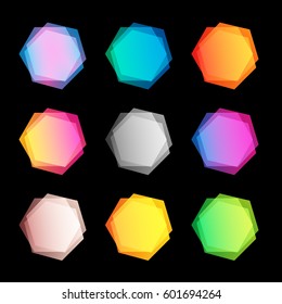 Unusual abstract geometric shapes vector logo set. Polygonal colorful logotypes collection on the black background