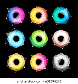 Unusual abstract geometric shapes vector logo set. Circular, polygonal colorful logotypes collection on the black background