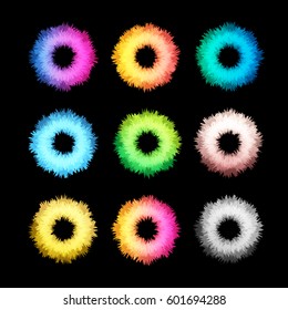 Unusual abstract geometric shapes vector logo set. Circular colorful logotypes collection on the black background