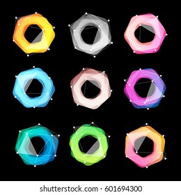 Unusual abstract geometric shapes vector logo set. Circular, polygonal colorful logotypes collection on the black background