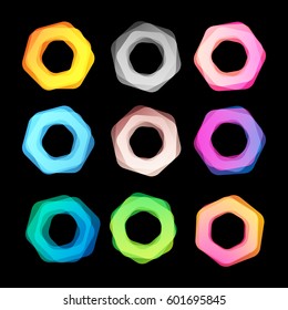 Unusual abstract geometric shapes vector logo set. Circular, polygonal colorful logotypes collection on the black background