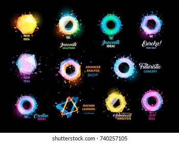 Unusual abstract geometric shapes vector logo set. Circular, hexagon, polygonal colorful logotypes collection on the black background