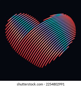 Unusual abstract heart logo vector illustration, rainbow stripes lines on a black background, for design, decor, print, decoration, cards. Creative colorful heart icon symbol, valentines day