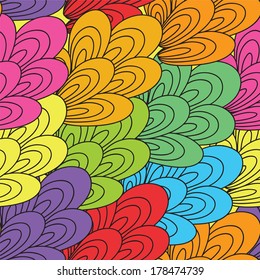 Unusual Abstract seamless background.Vector format. Colorful leaves or floral petals combined by color. Bright color good for children theme or modern items wrapping paper.