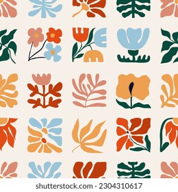 Unusual abstract seamless pattern in modernist style. Set of square geometric tiles with plants, flowers and leaves inspired by impressionism