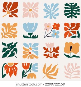 Unusual abstract shapes in modernist style. Set of square geometric tiles with plants, flowers and leaves inspired by impressionism