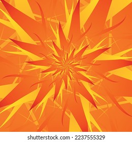 An unusual abstract square pattern of a flower that looks like a star with long petals of gradient orange, red, yellow colors on an orange background. Bright background advertising, packaging, labels